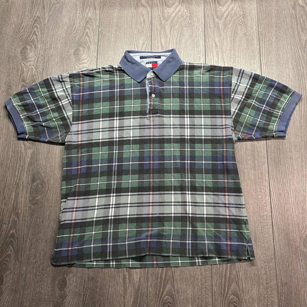 Vintage Tommy Hilfiger 90s Plaid Polo Shirt Mens Large Green Blue Cotton Pique
